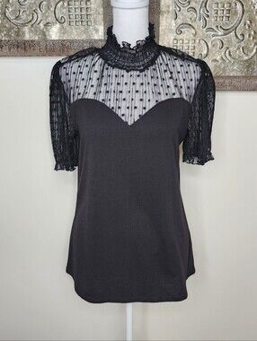 Luna Rae Black SheerPolka Dot Lace Yoke Short Sleeve Whimsigoth Top Sm Romantic